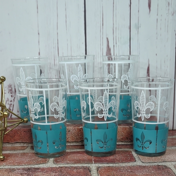 Hazel Atlas Set of 6 Glasses Tumbler White Turquoise 12oz. Highball Fleur-de-Lis - Picture 10 of 16